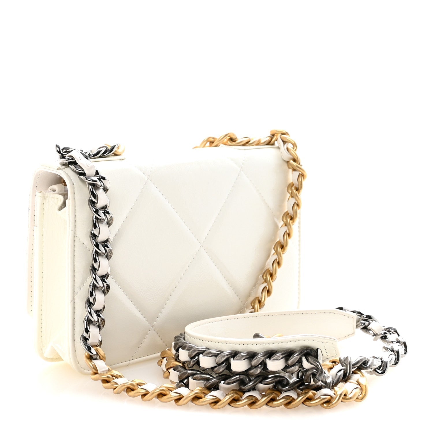 Shiny Crumpled Calfskin Quilted Chanel 19 Wallet On Chain WOC White