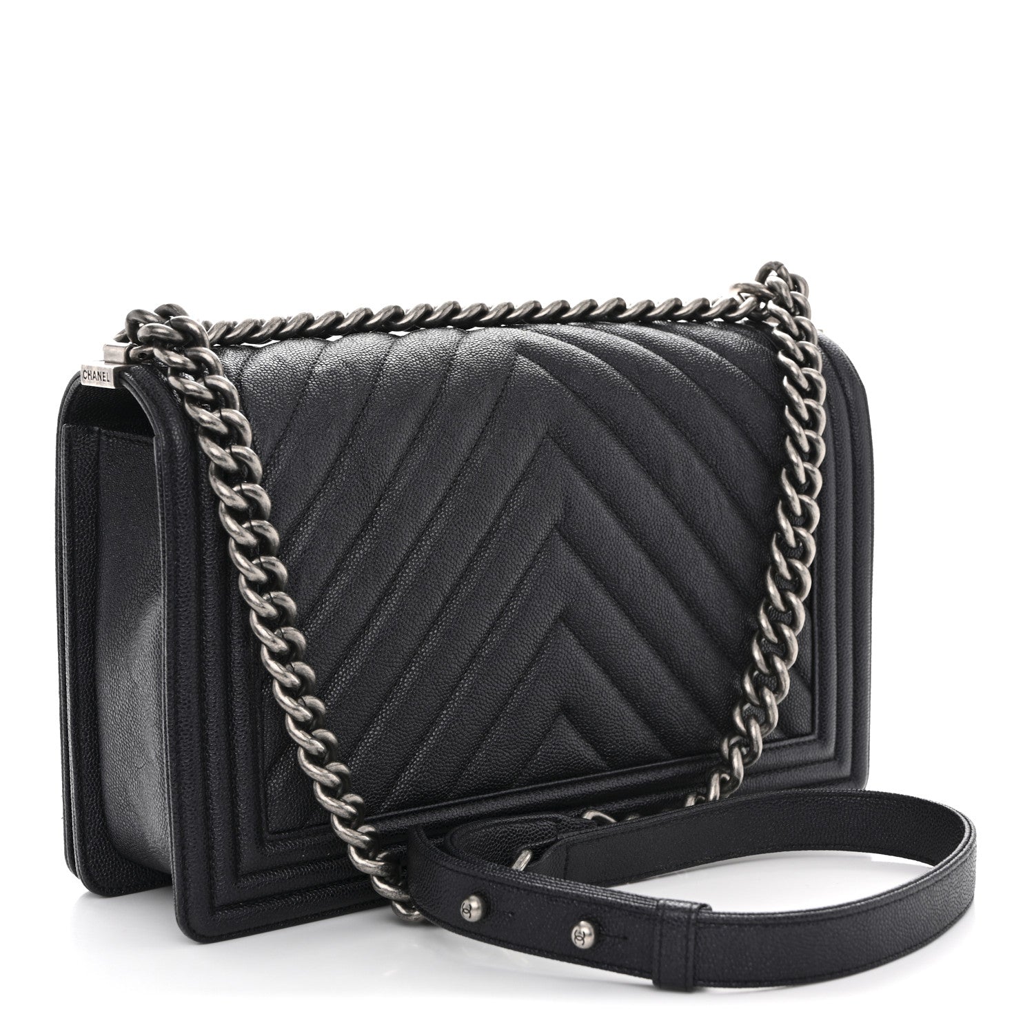 Caviar Chevron Quilted New Medium Boy Flap Dark Navy Blue