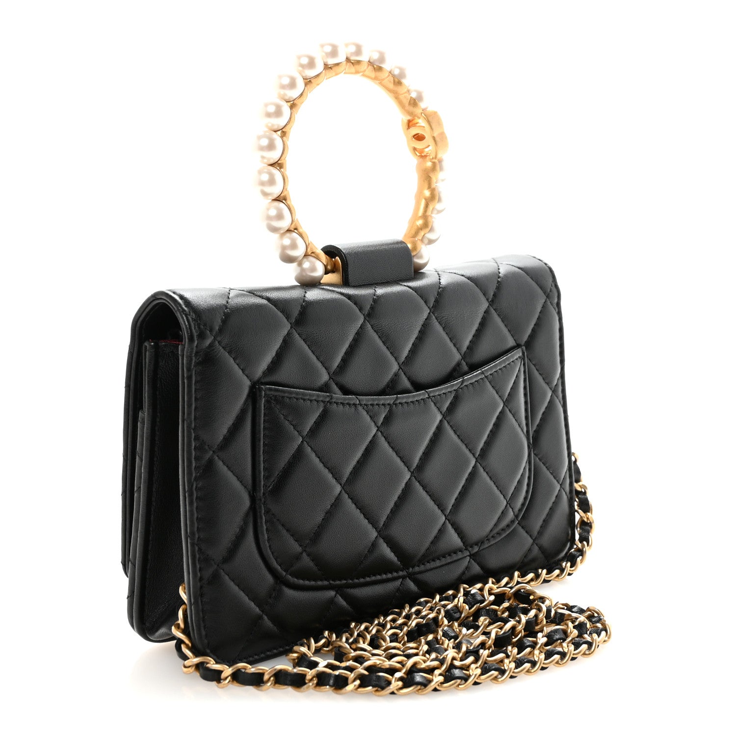 Lambskin Quilted Pearl Crown Wallet On Chain WOC Black