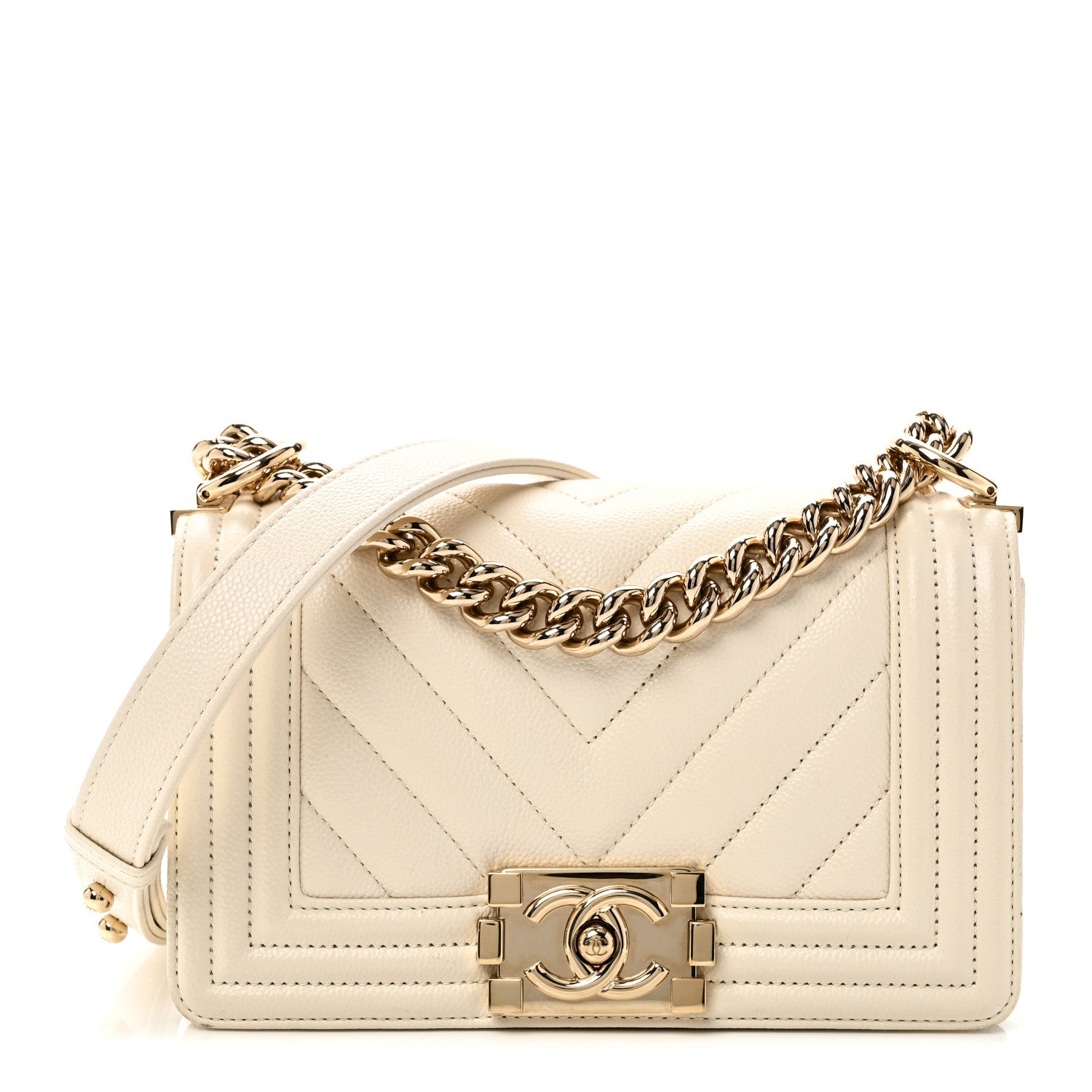 Caviar Chevron Quilted Small Boy Flap White