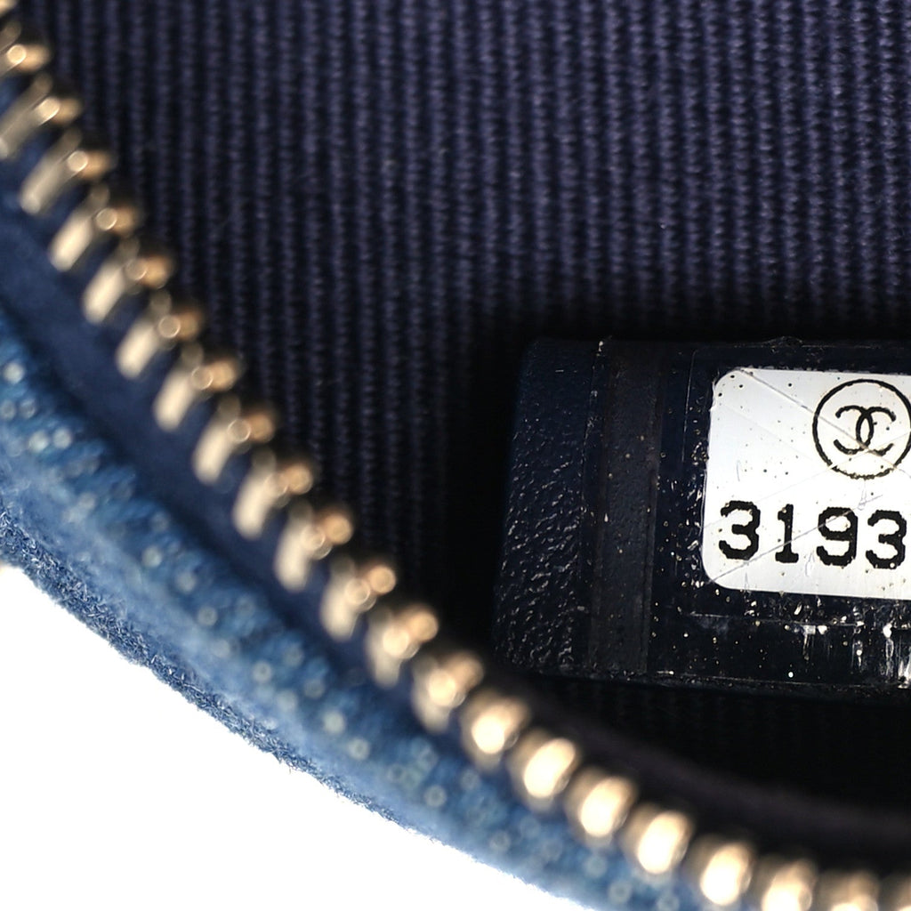 Denim Quilted Chanel 19 Round Clutch With Chain Blue