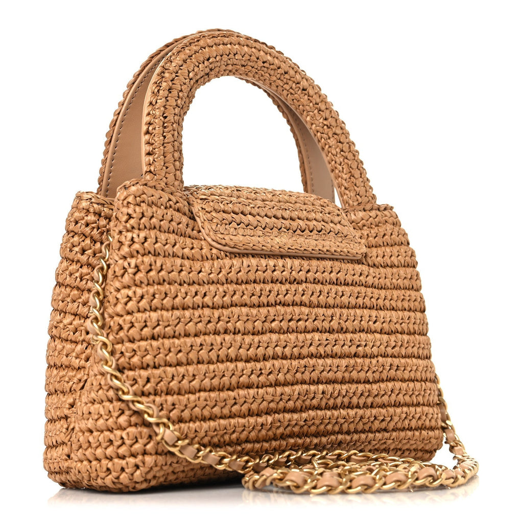 Braided Raffia Nano Kelly Flap Bag Dark Beige