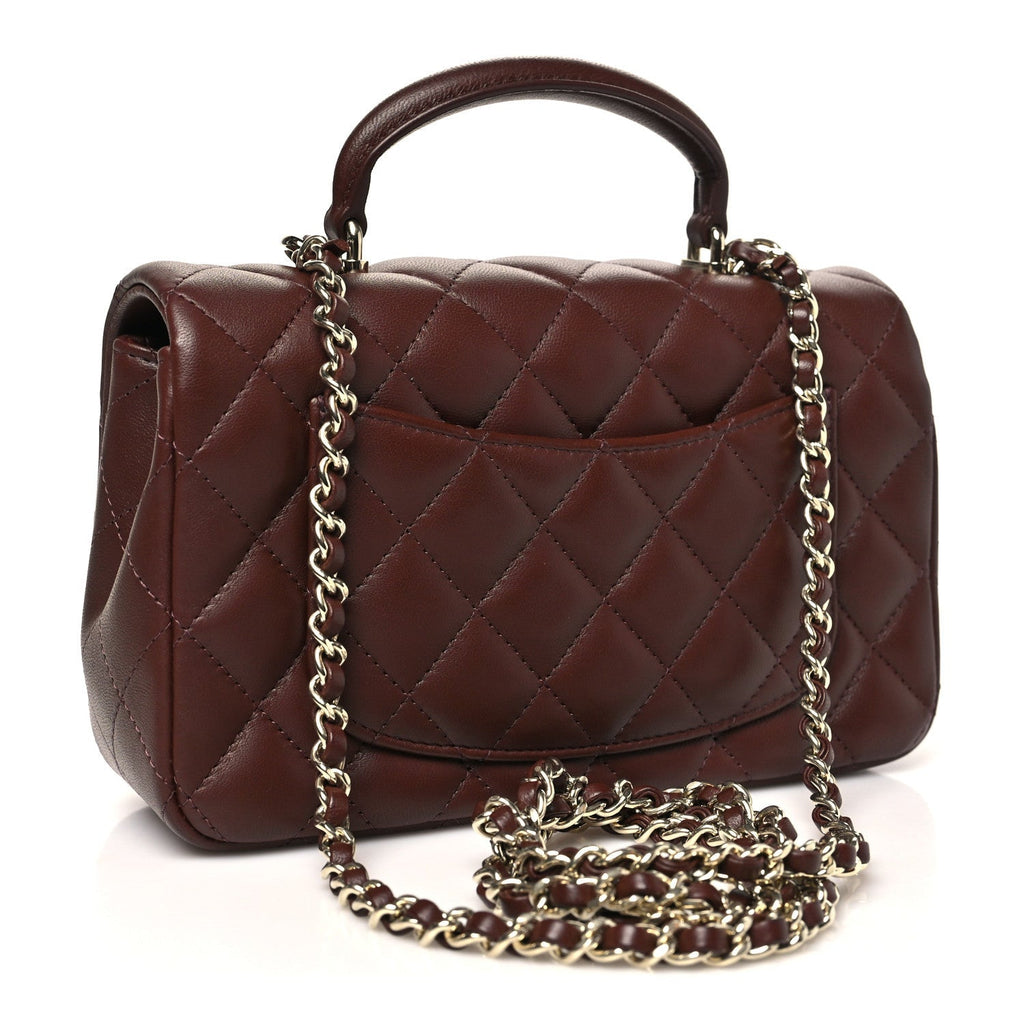 Lambskin Quilted Mini Top Handle Rectangular Flap Dark Brown
