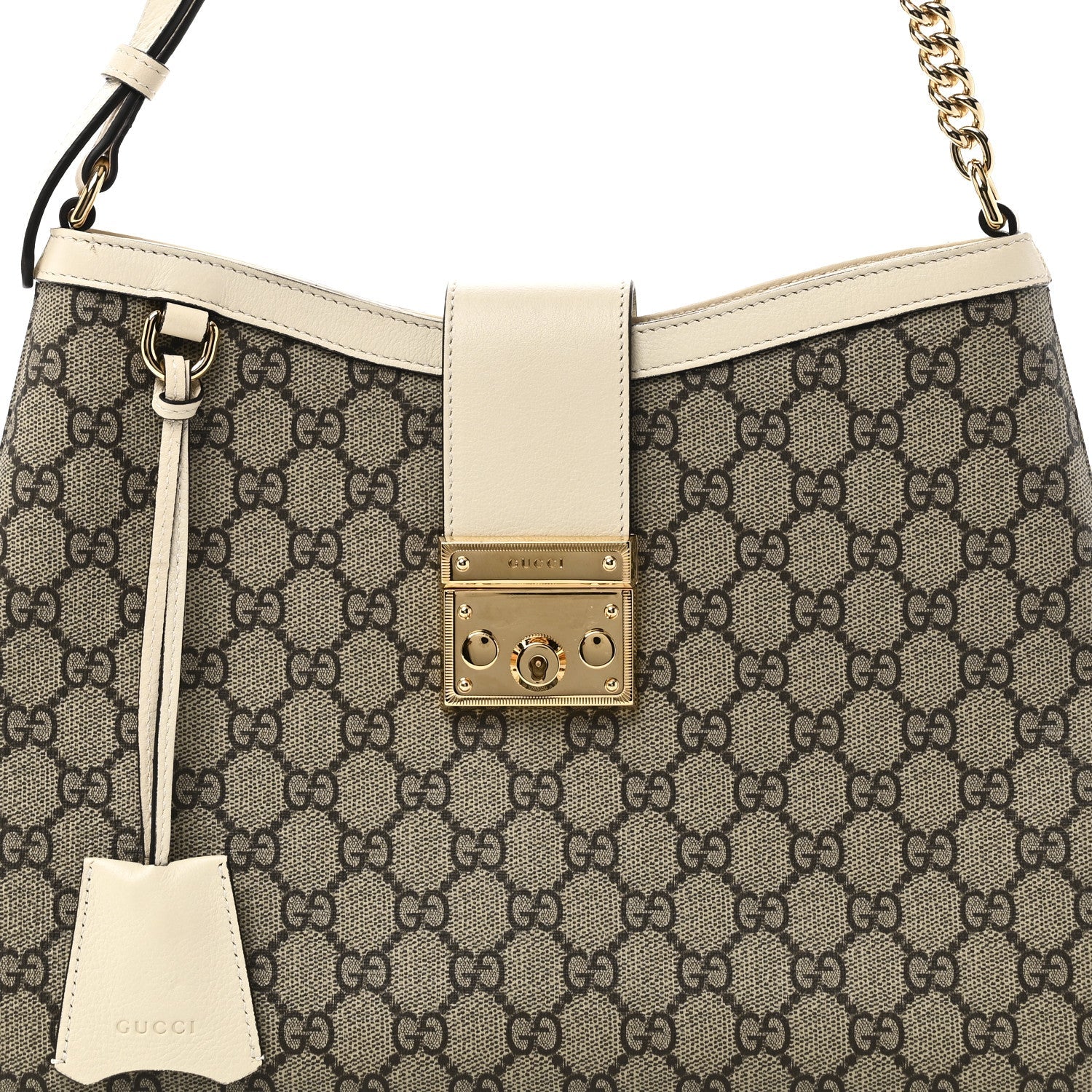 GG Supreme Monogram Moon Calfskin Medium Padlock Shoulder Bag Beige Ebony Mystic White