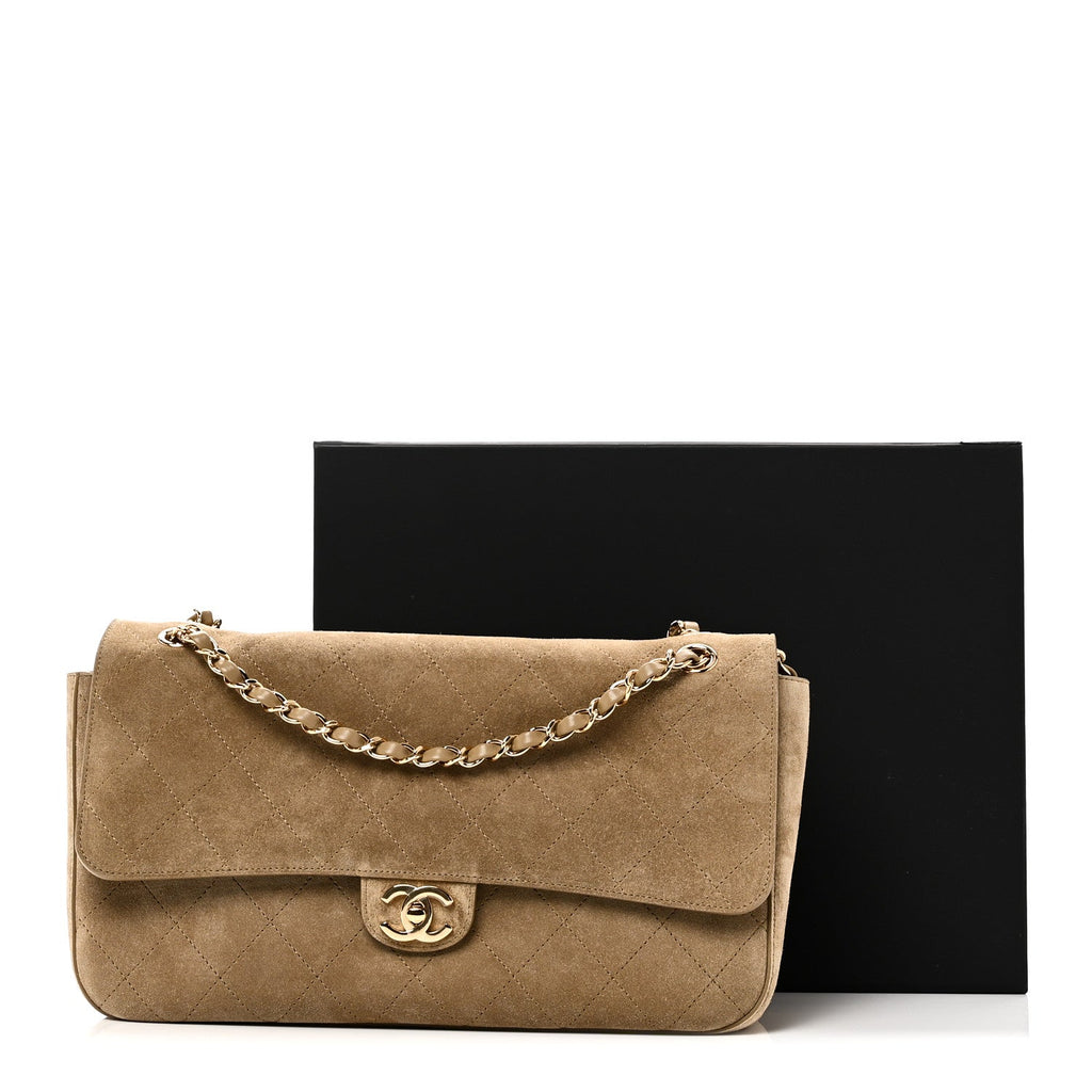 Suede Calfskin Small Souplissimo Maxi Flap Dark Beige