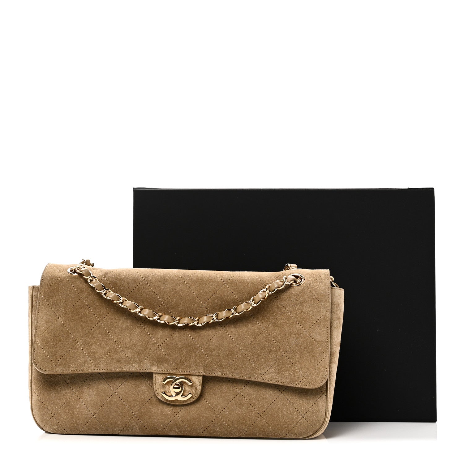 Suede Calfskin Small Souplissimo Maxi Flap Dark Beige