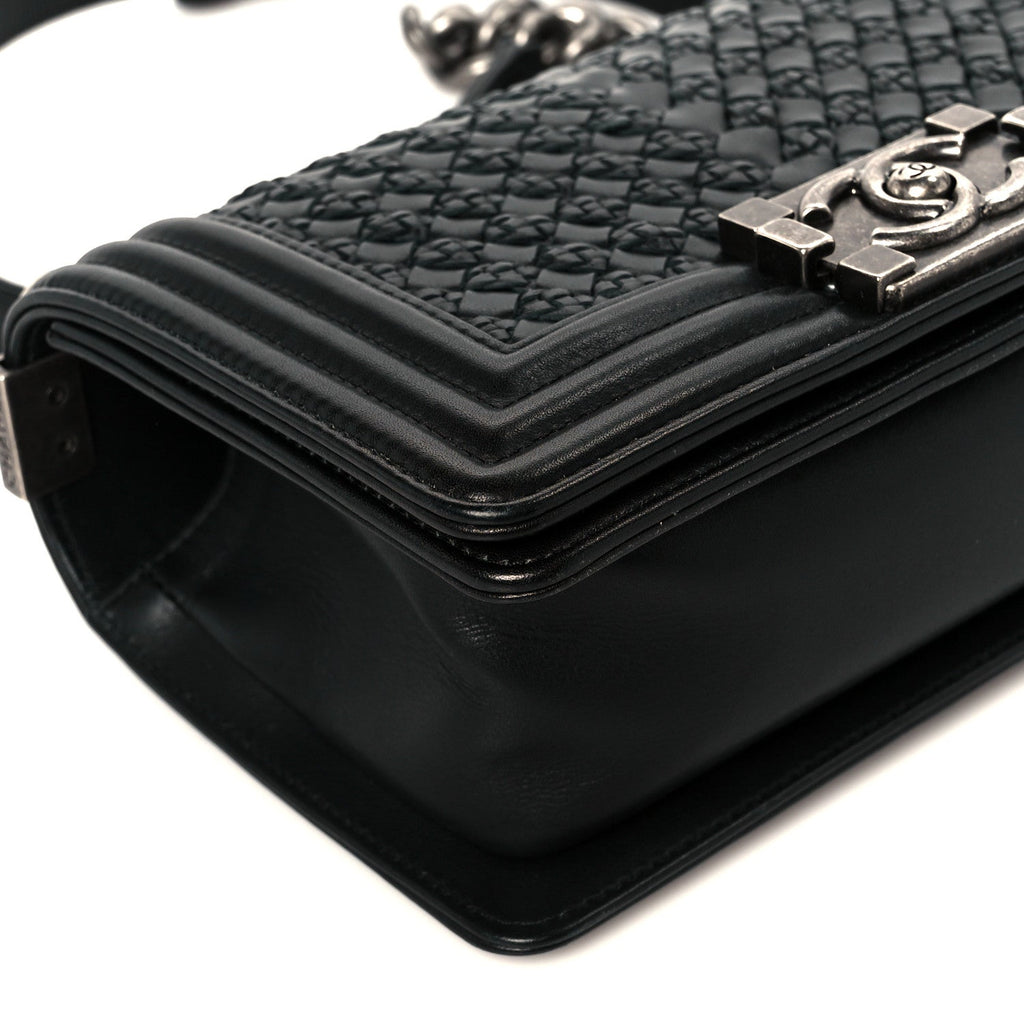 Lambskin Braided Woven Small Boy Flap Black