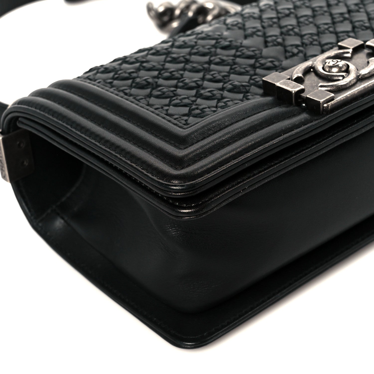 Lambskin Braided Woven Small Boy Flap Black