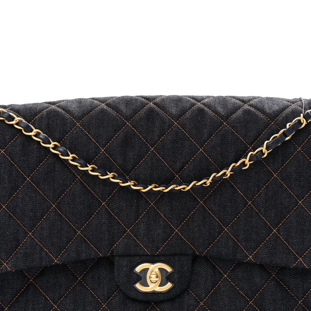 Denim Quilted XXL Travel Flap Bag Dark Blue Orange