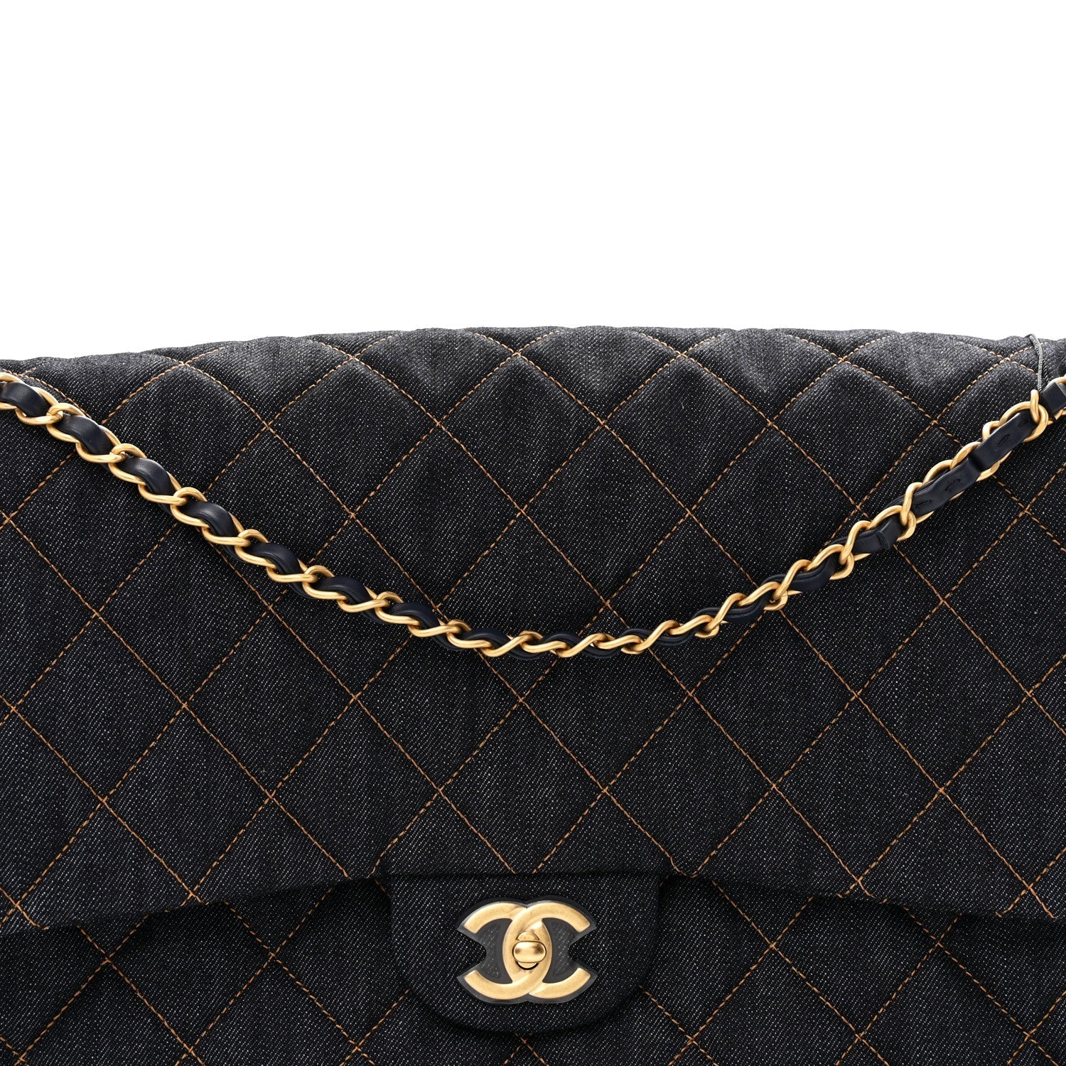 Denim Quilted XXL Travel Flap Bag Dark Blue Orange