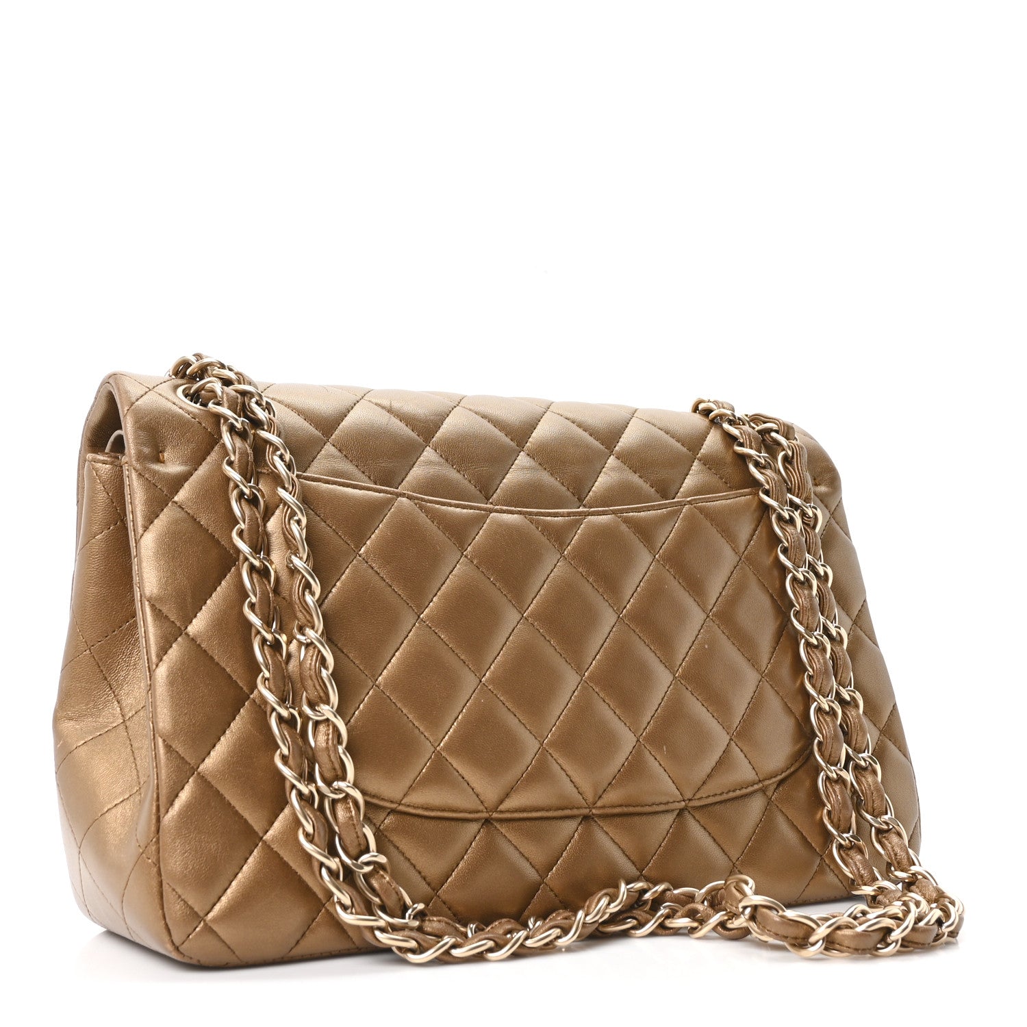 Metallic Lambskin Quilted Jumbo Double Flap Khaki