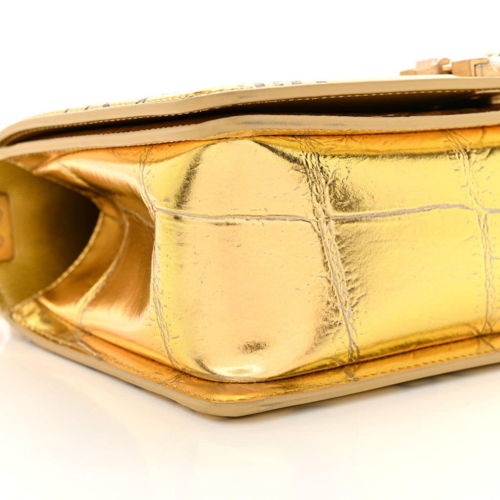 Metallic Calfskin Crocodile Embossed Graffiti Medium Cocodile Boy Flap Gold