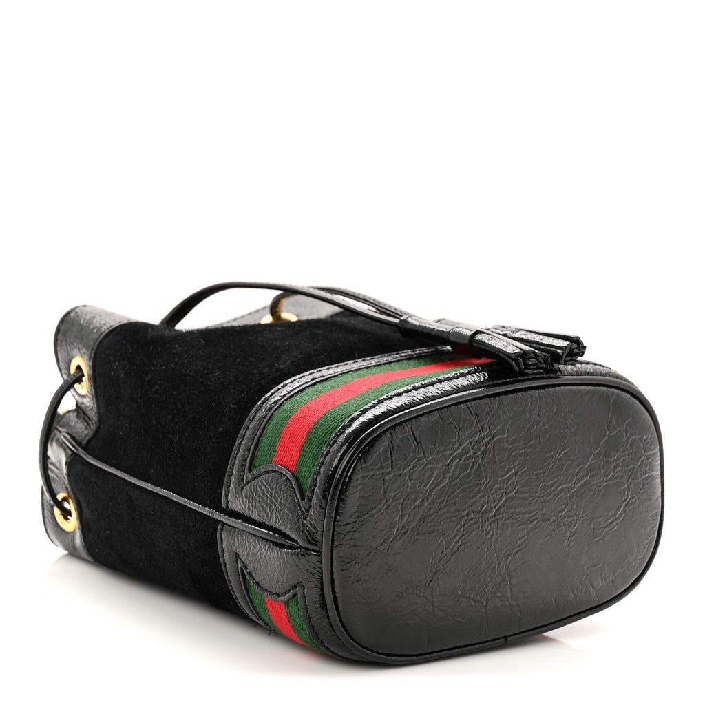 Suede Patent Web Mini Ophidia Bucket Bag Black