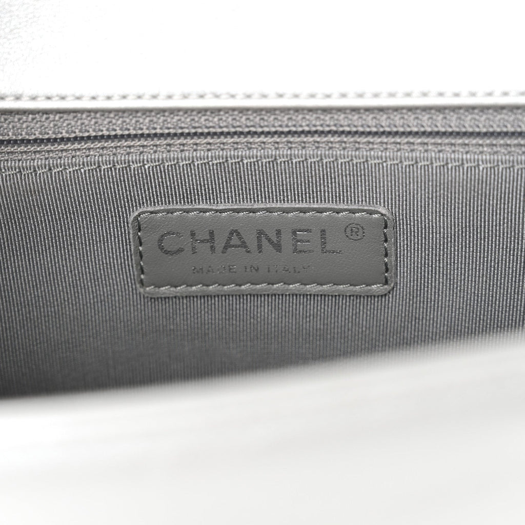 Metallic Calfskin Quilted New Medium Plexiglass Boy Flap Silver