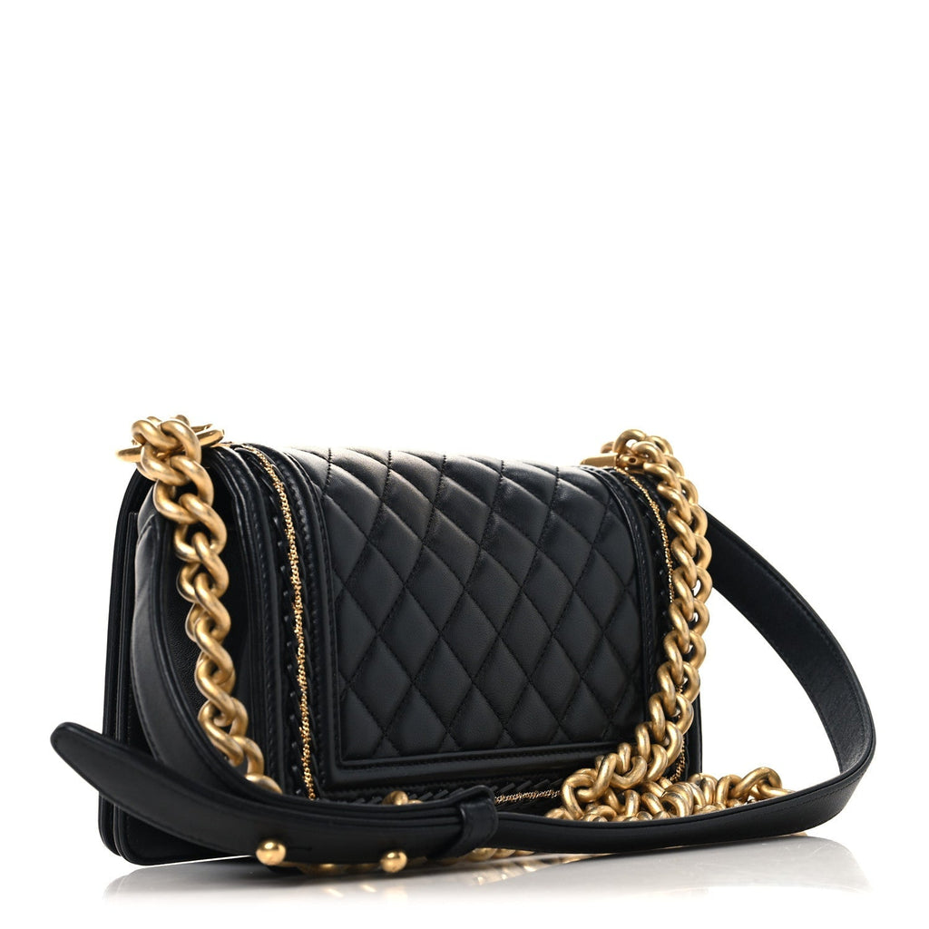 Lambskin Quilted Small Chain Detail Boy Flap Black