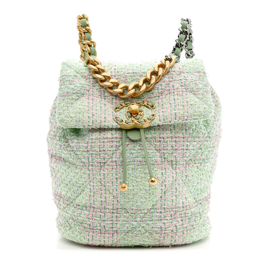 Tweed Quilted Chanel 19 Backpack Green Pink