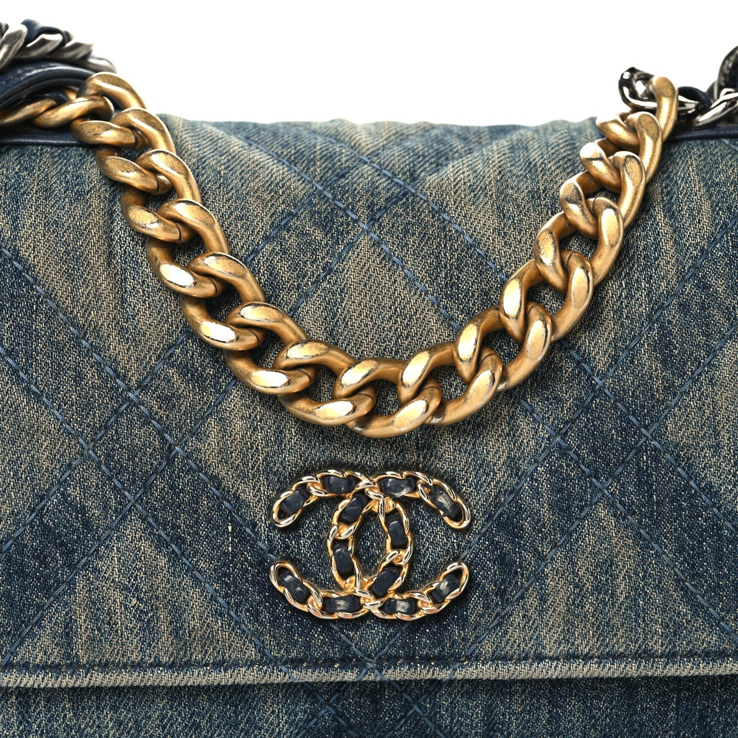 Denim Quilted Chanel 19 Wallet On Chain WOC Blue