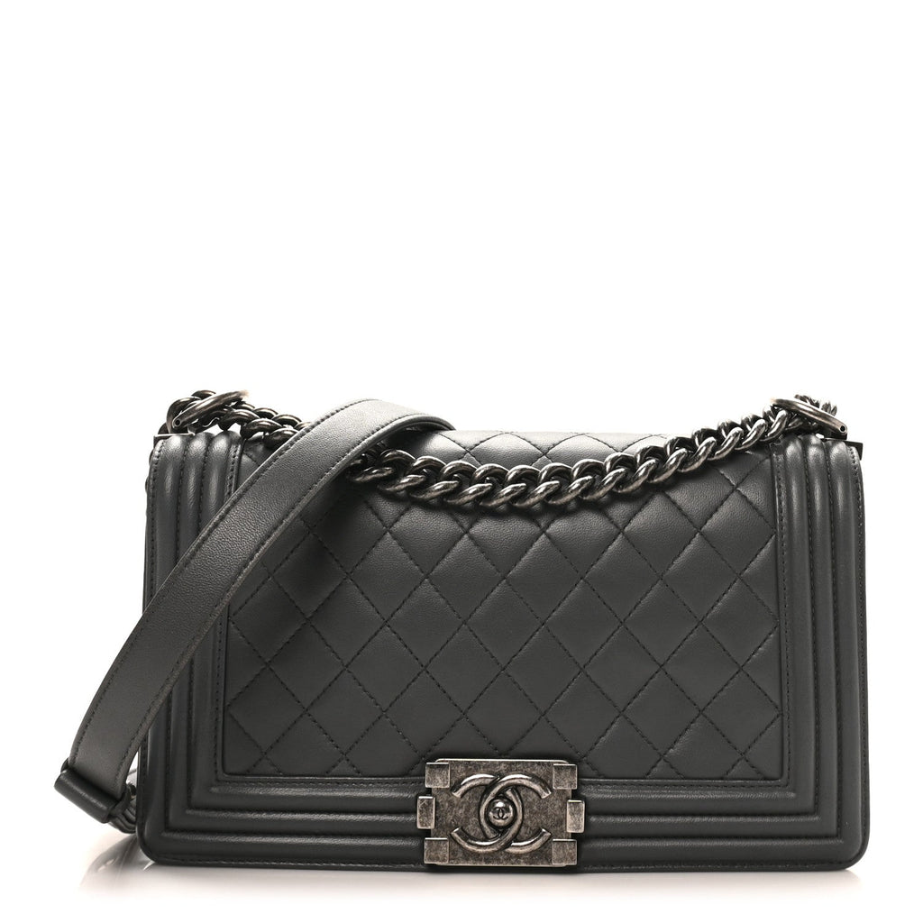 Lambskin Quilted Medium Boy Flap Dark Grey