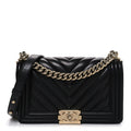 Calfskin Chevron Quilted Medium Boy Flap Black