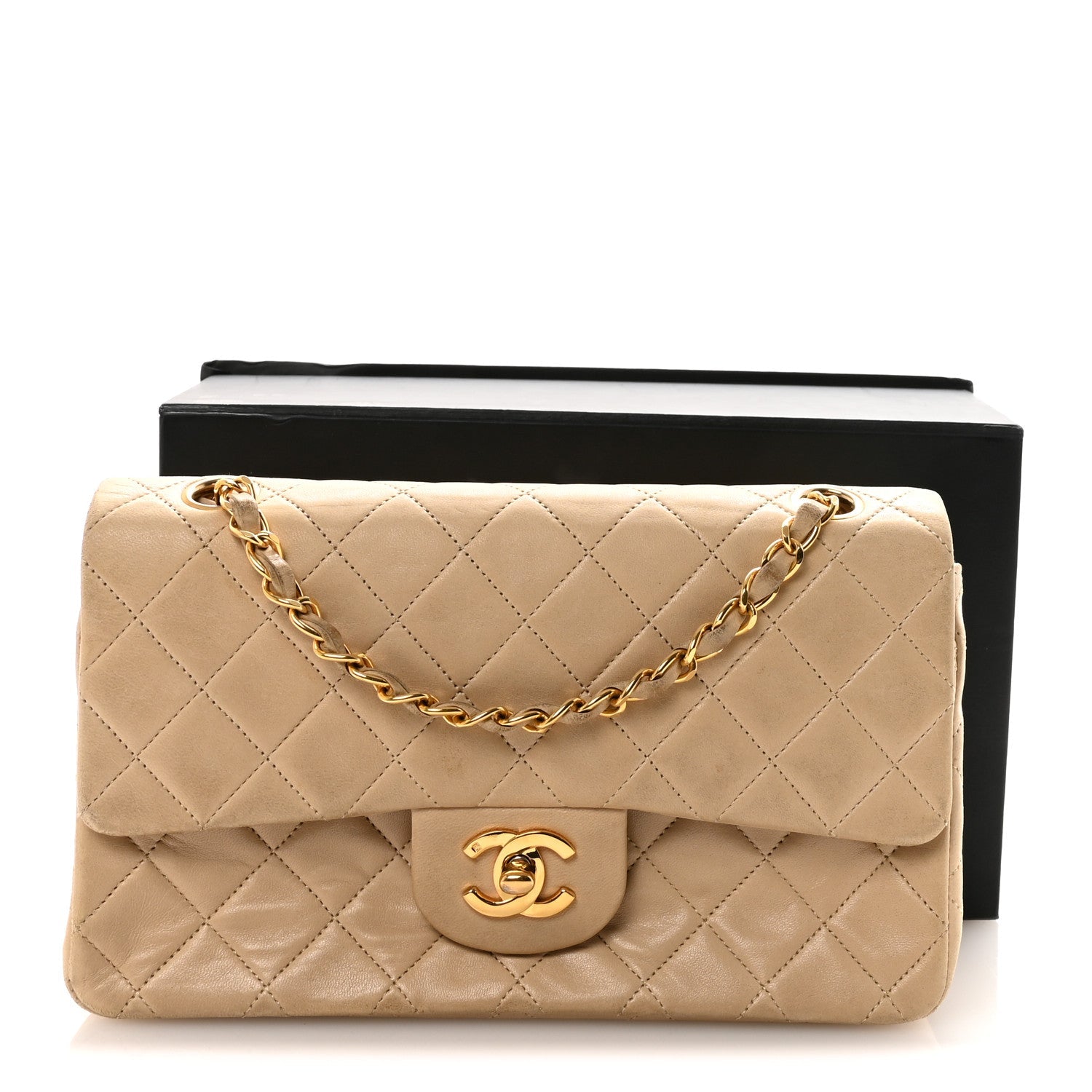 Lambskin Quilted Small Double Flap Beige