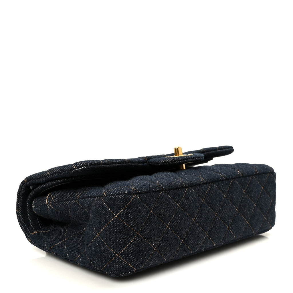 Denim Quilted Medium Double Flap Dark Blue
