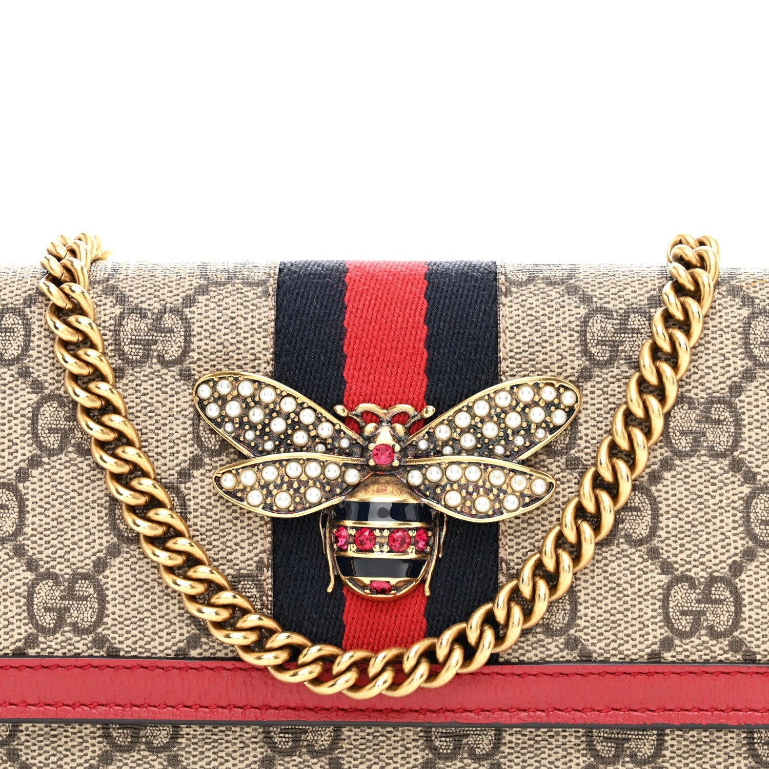 GG Supreme Monogram Web Queen Margaret Chain Wallet Red