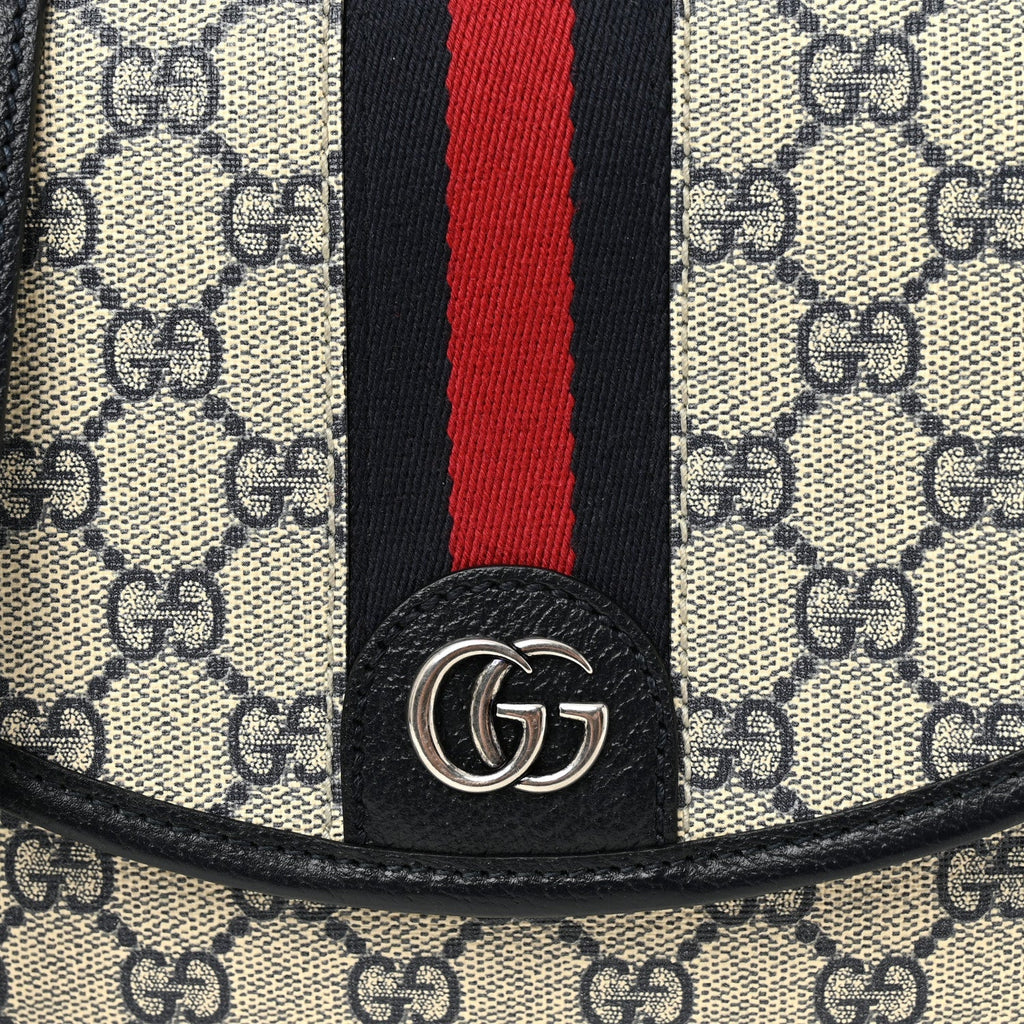 GG Supreme Monogram Textured Dollar Calfskin Web Studded Mini Ophidia Flap Shoulder Bag Beige Blue