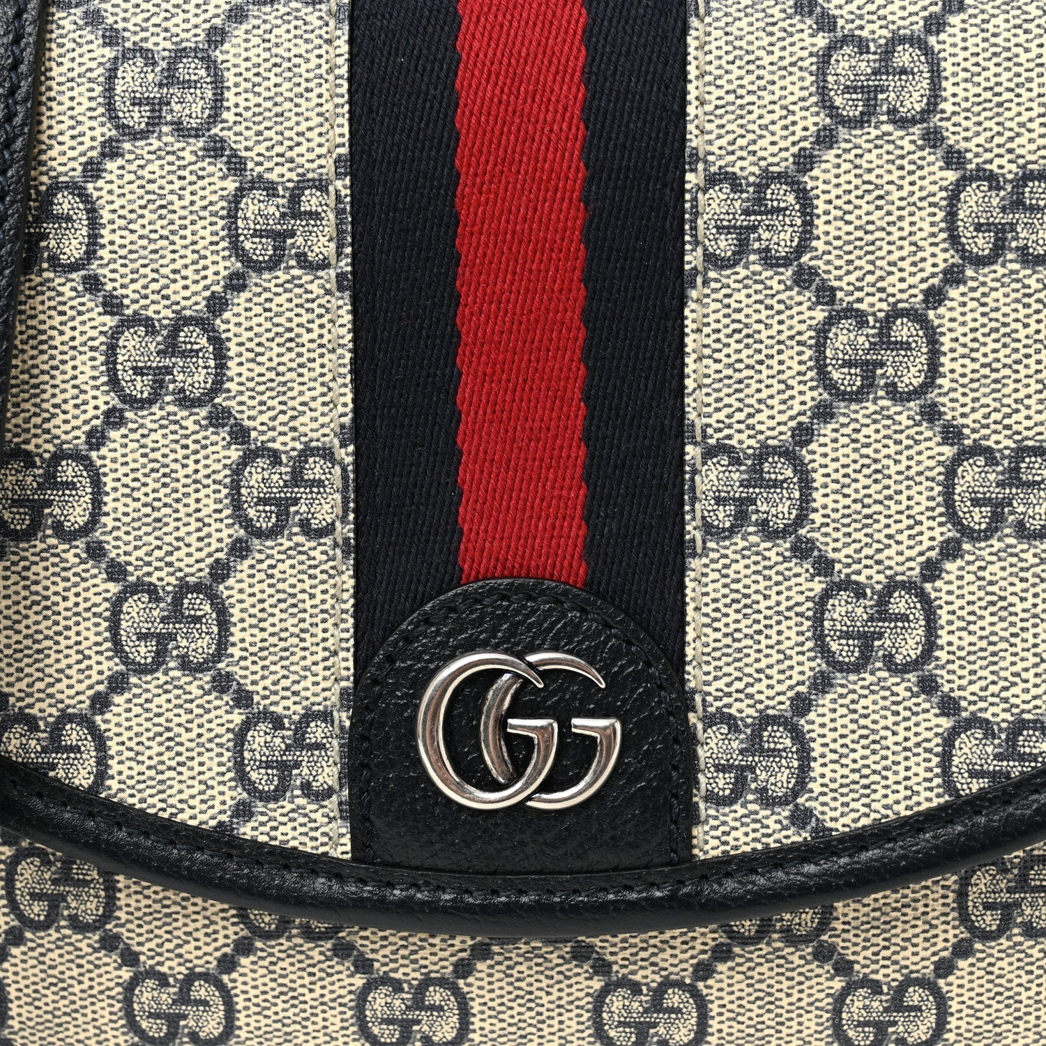 GG Supreme Monogram Textured Dollar Calfskin Web Studded Mini Ophidia Flap Shoulder Bag Beige Blue