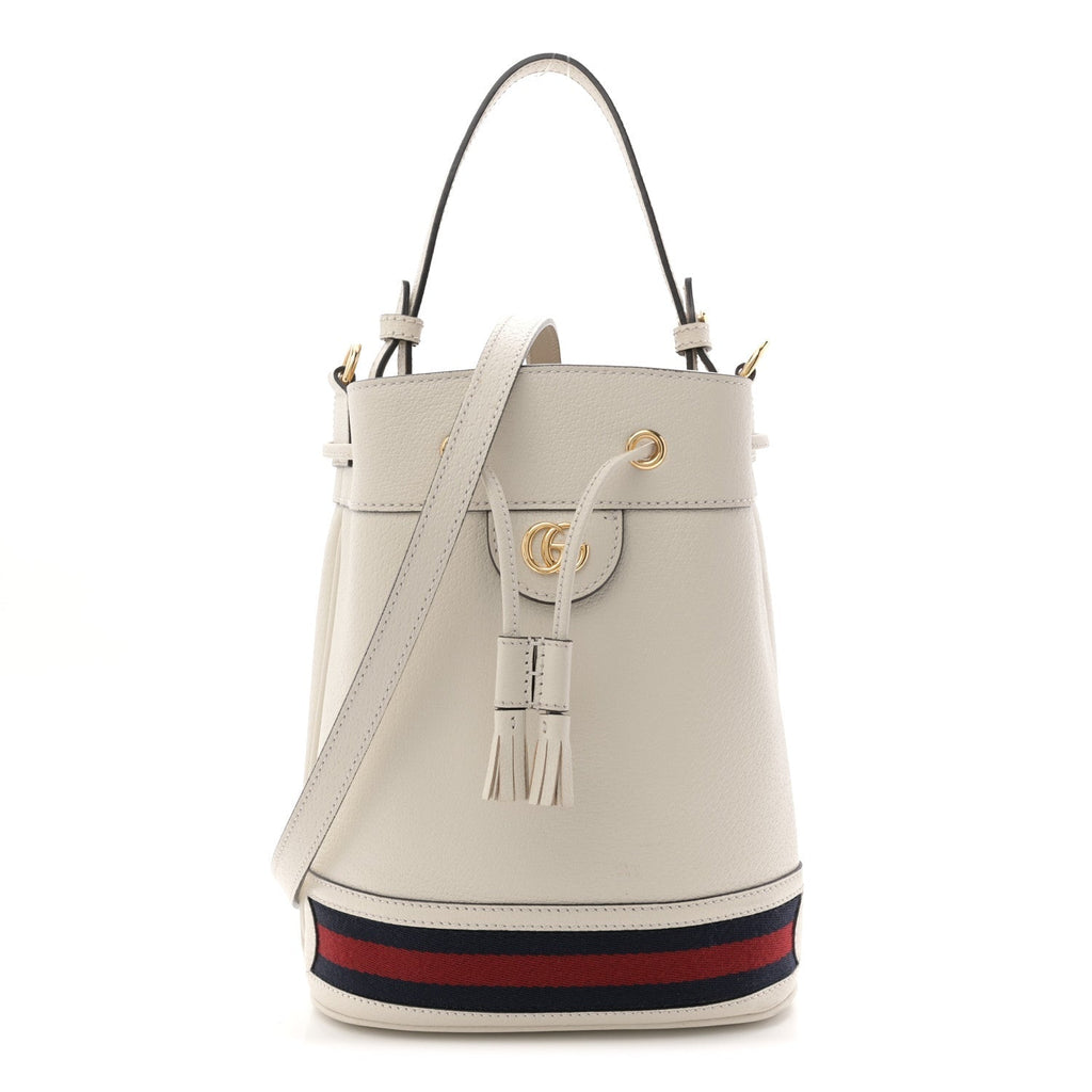 Glazed Textured Calfskin Web Small Ophidia Bucket Bag Mystic White