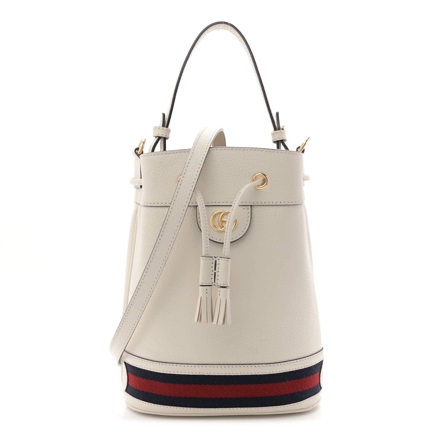 Glazed Textured Calfskin Web Small Ophidia Bucket Bag Mystic White