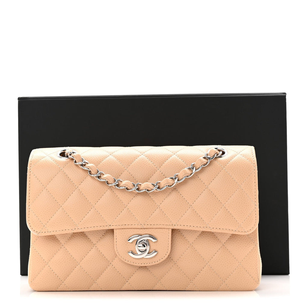 Caviar Quilted Small Double Flap Beige