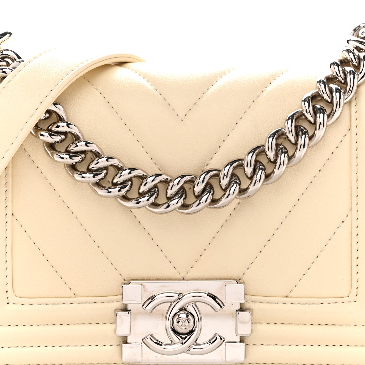 Calfskin Chevron Quilted Small Boy Flap Light Beige