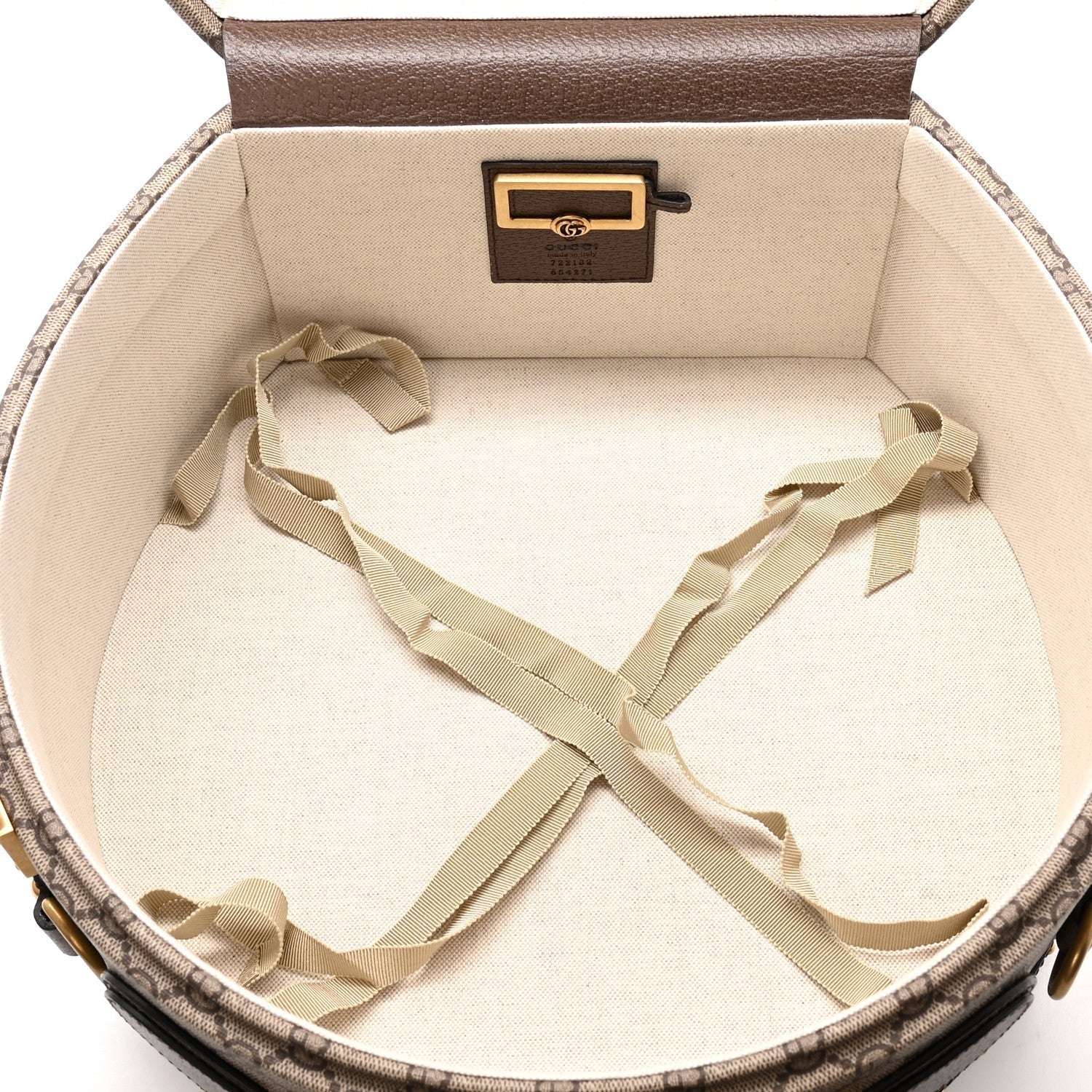 GG Supreme Monogram Textured Dollar Calfskin Web Savoy Hat Box Beige Ebony New Acero