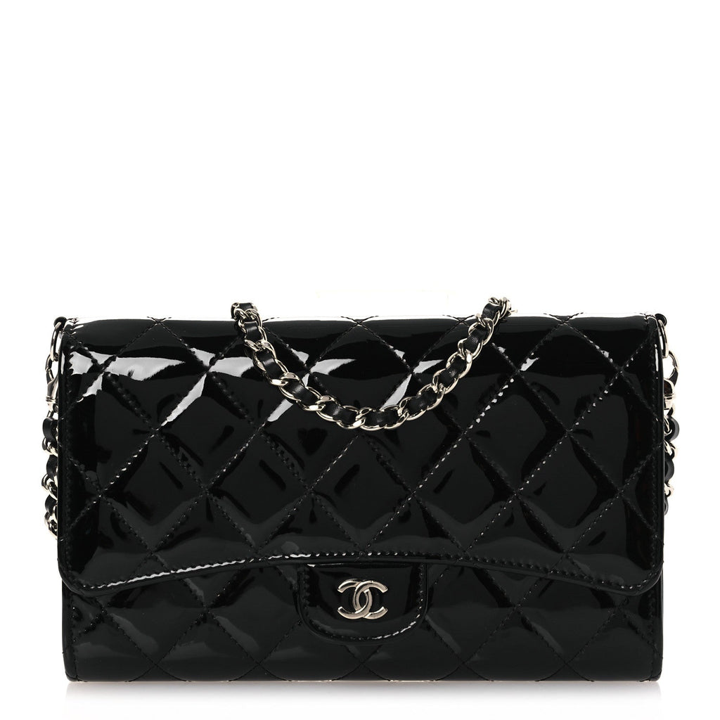 Patent Quilted Wallet On Removable Chain WOC Black