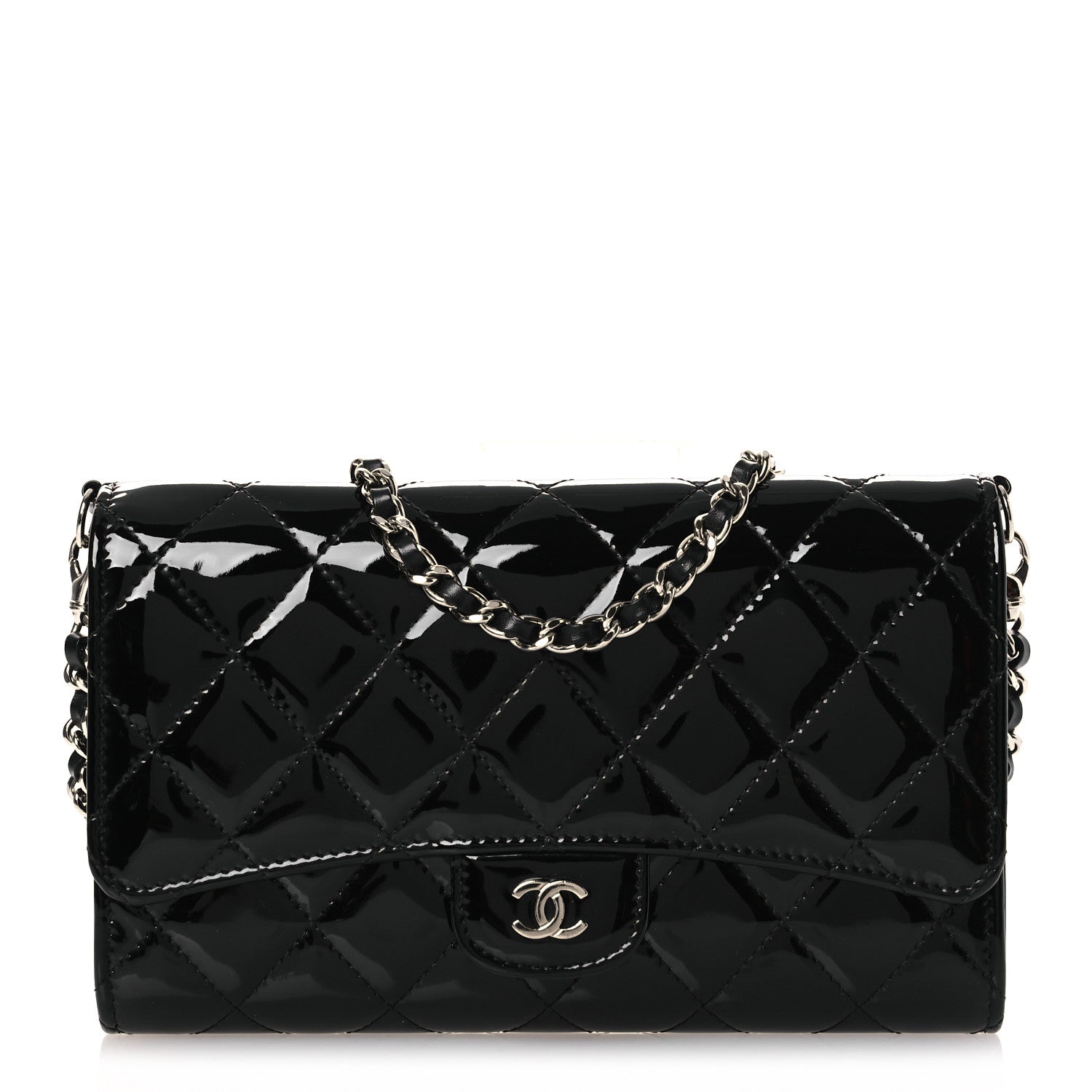 Patent Quilted Wallet On Removable Chain WOC Black
