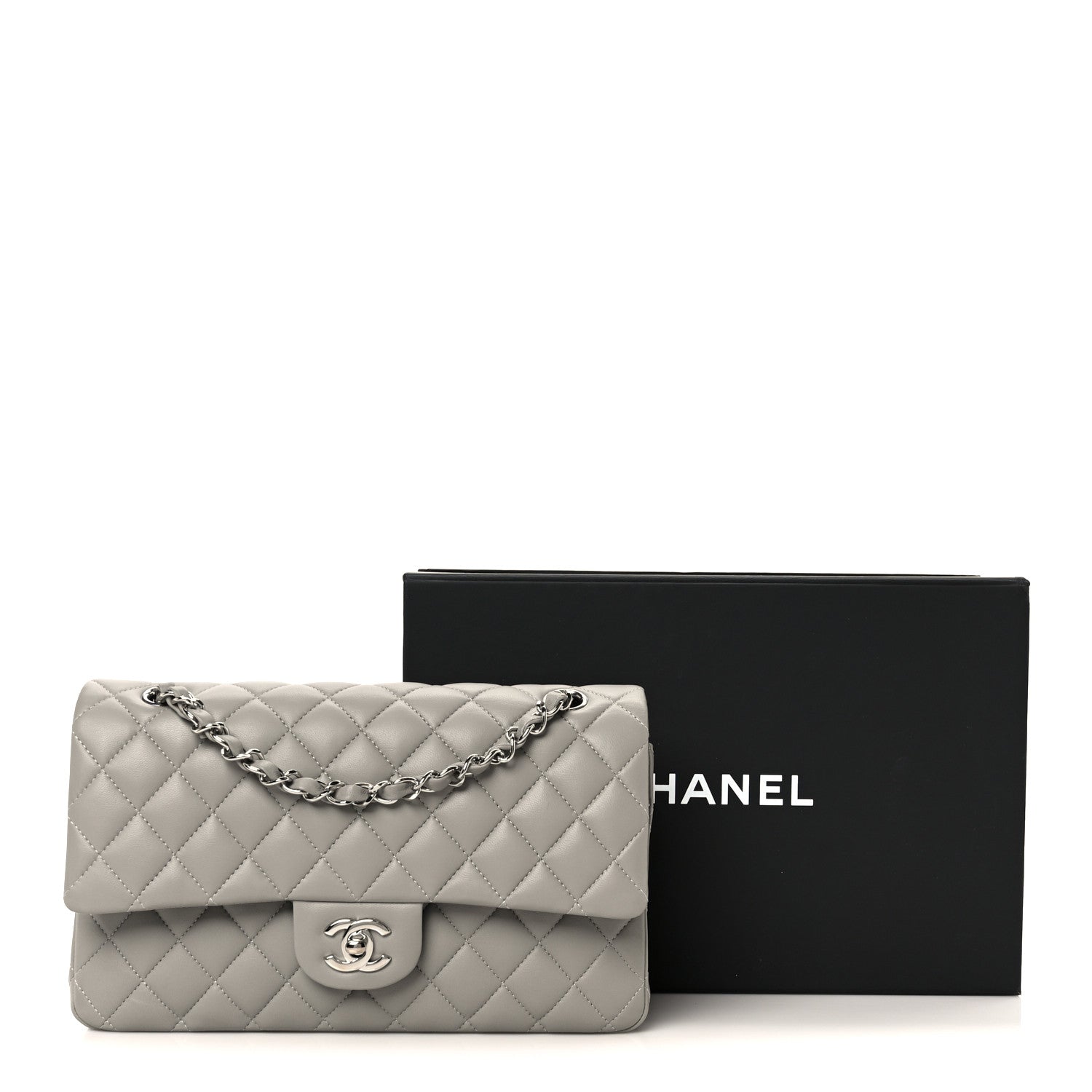 Lambskin Quilted Medium Double Flap Grey