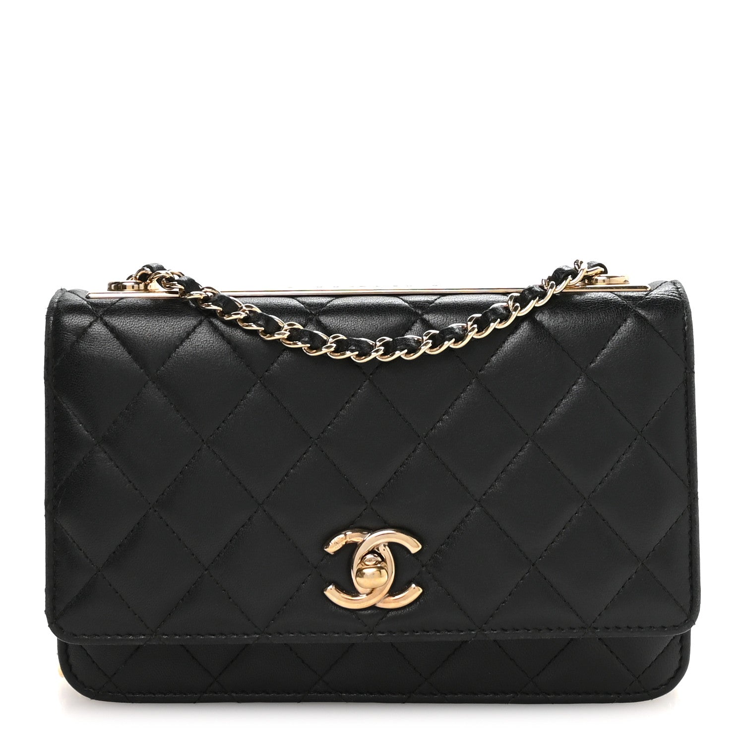Lambskin Quilted Trendy CC Wallet On Chain WOC Black