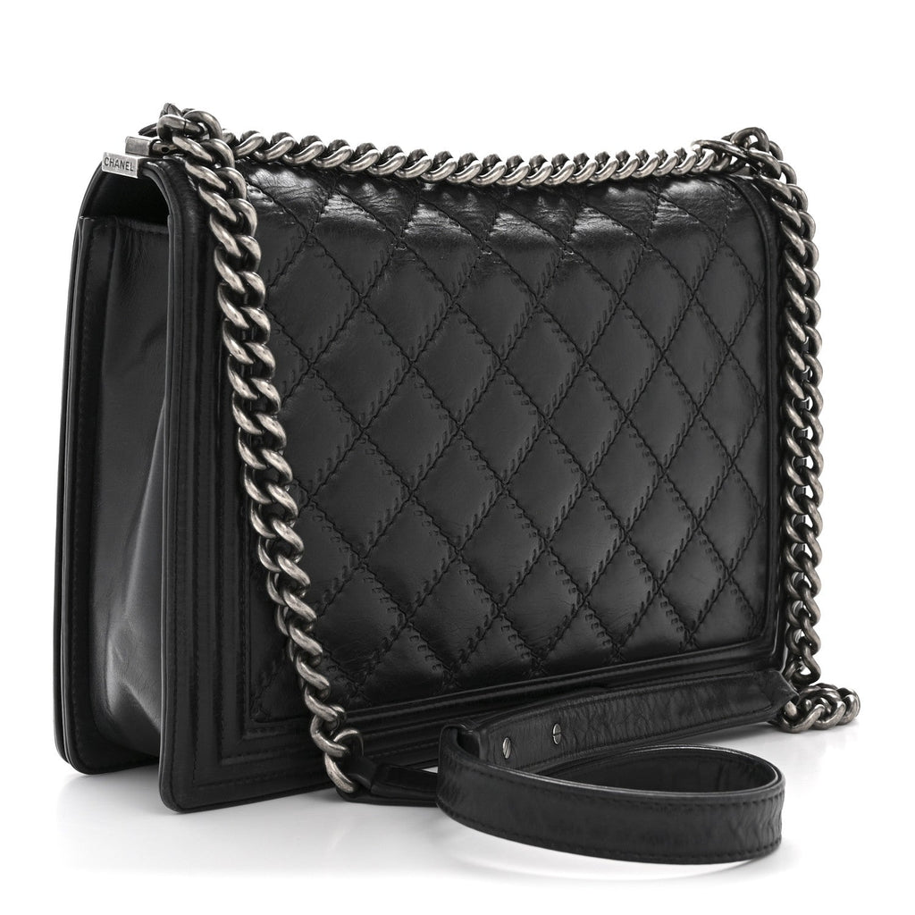 Calfskin Embossed Stitch Large Boy Flap Black