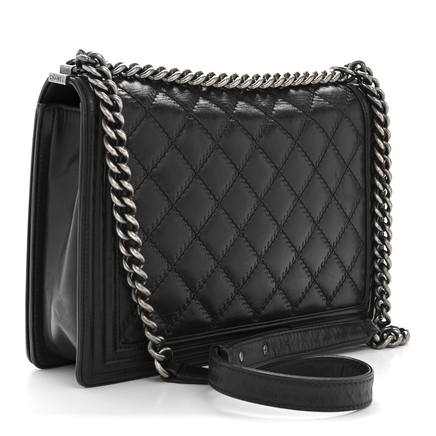 Calfskin Embossed Stitch Large Boy Flap Black