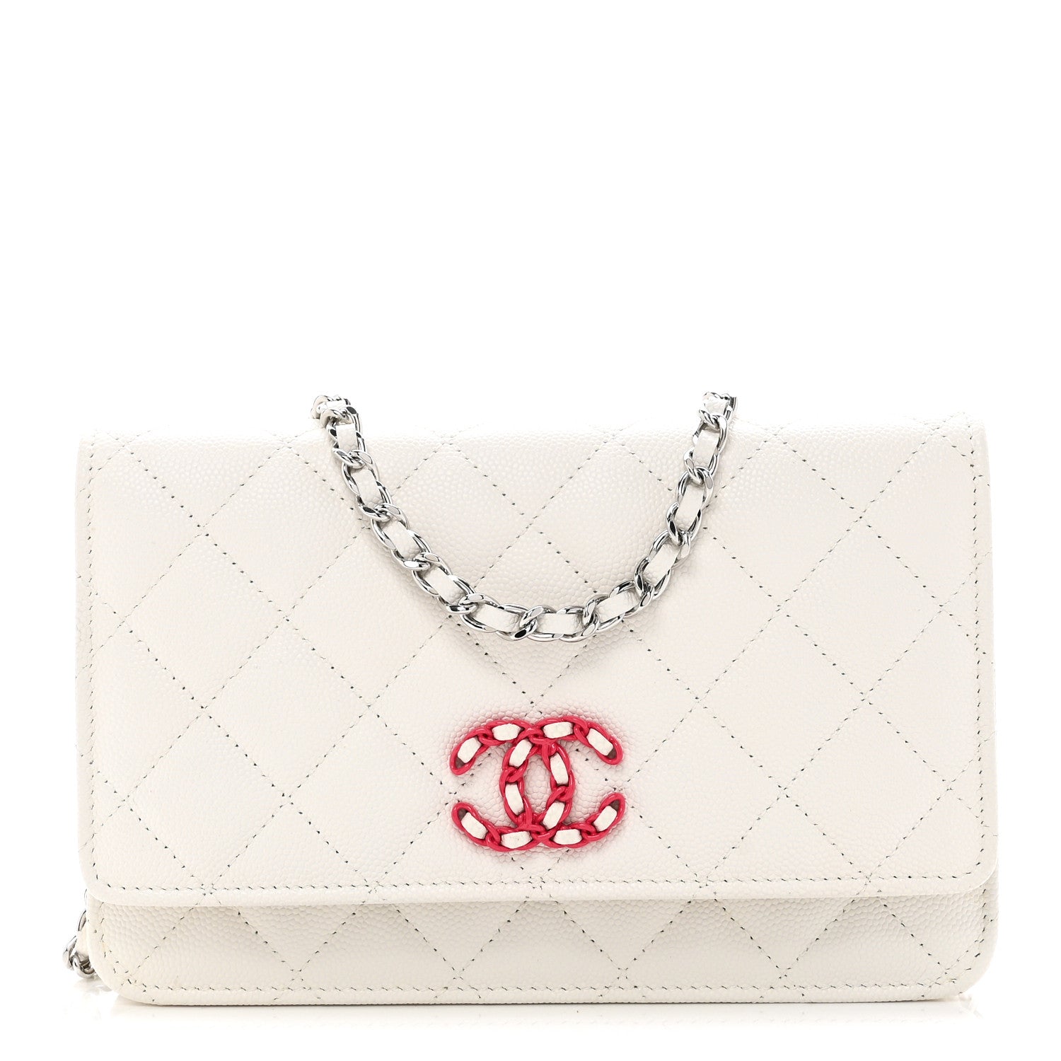 Caviar Quilted Chanel 19 Wallet On Chain WOC White Pink