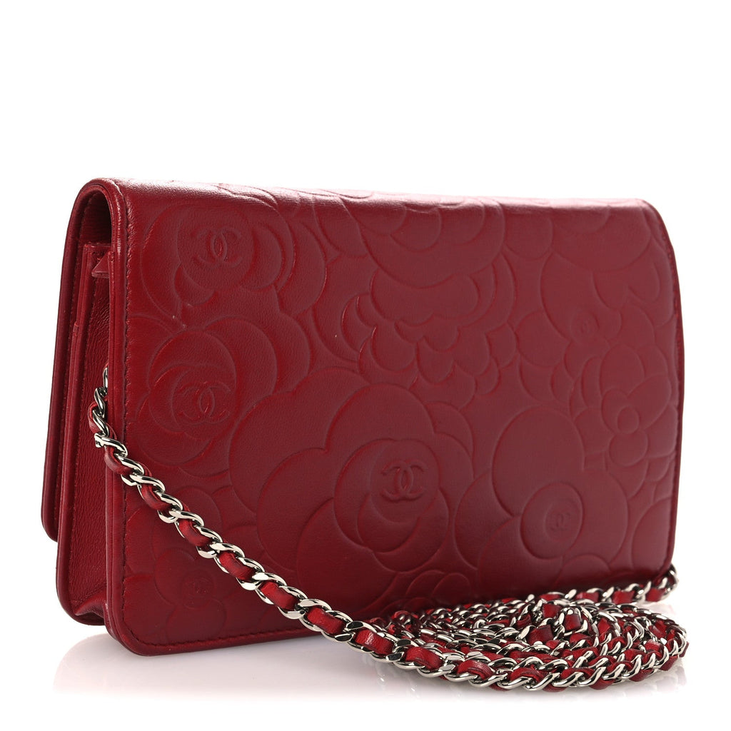 Lambskin Camellia Embossed Wallet on Chain WOC Red