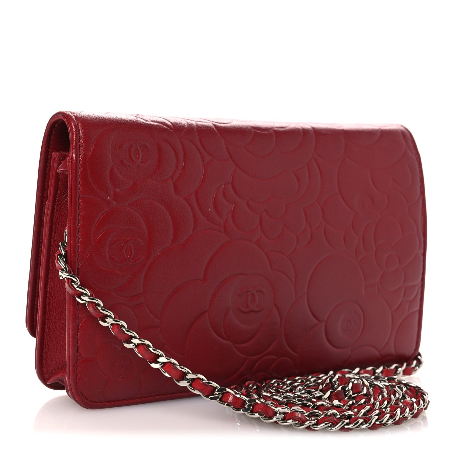Lambskin Camellia Embossed Wallet on Chain WOC Red
