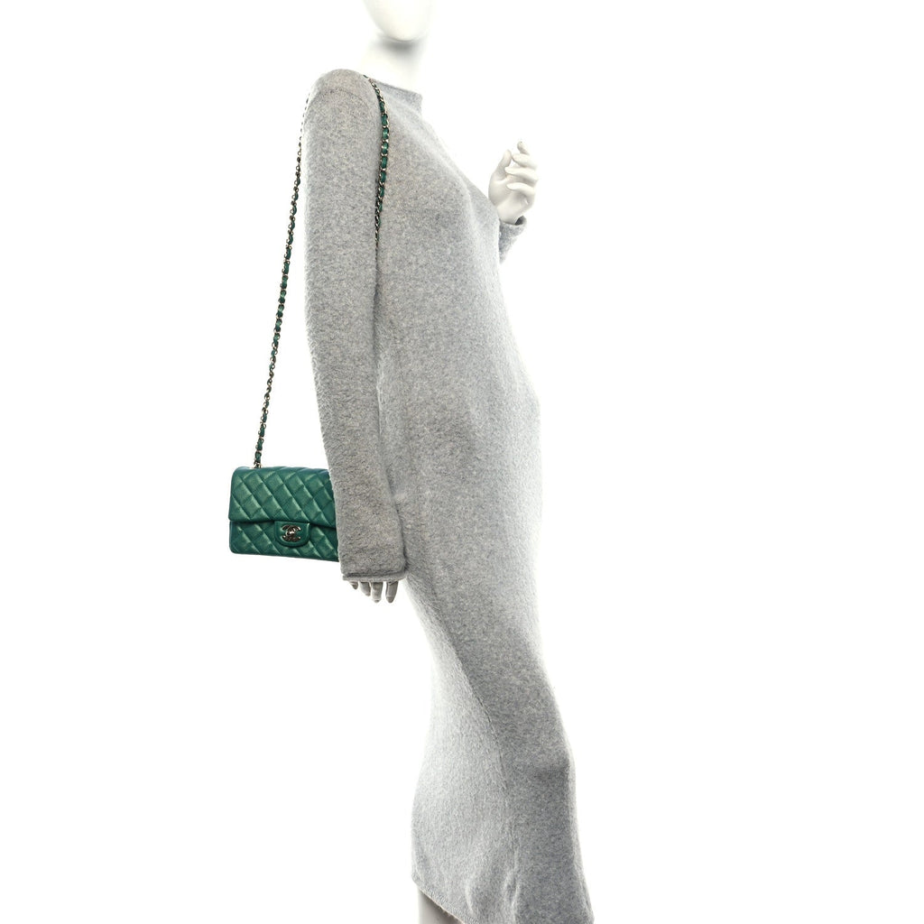 Iridescent Lambskin Quilted Mini Rectangular Flap Green