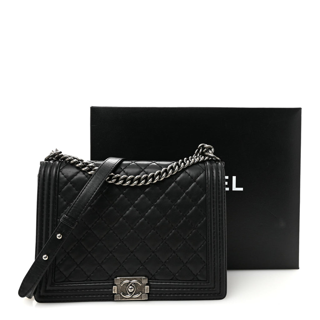 Calfskin Double Stitch Large Boy Flap Black