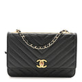 Lambskin Chevron Quilted Trendy CC Wallet On Chain WOC Black