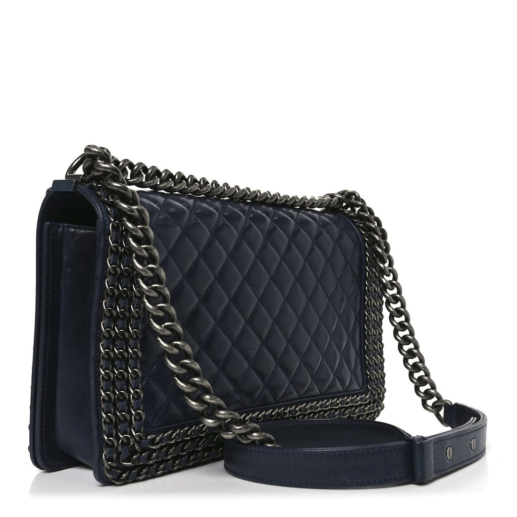 Glazed Calfskin Quilted New Medium Boy Chained Flap Navy