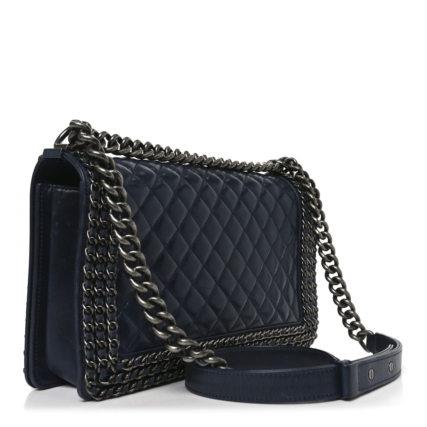 Glazed Calfskin Quilted New Medium Boy Chained Flap Navy
