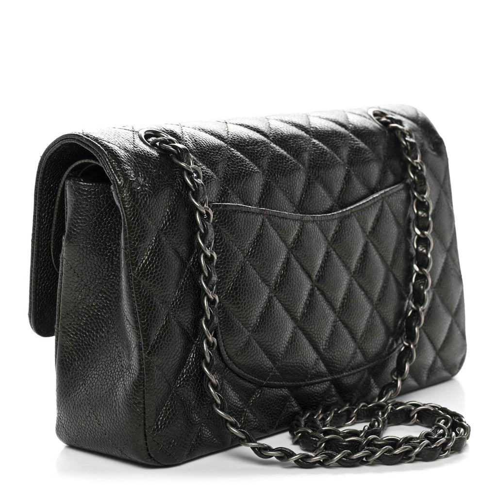 Metallic Caviar Quilted Medium Double Flap Dark Charcoal