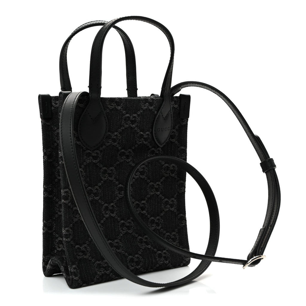 Denim Cuoio Harness GG Monogram Mini Ophidia Tote Bag Black Medium Grey