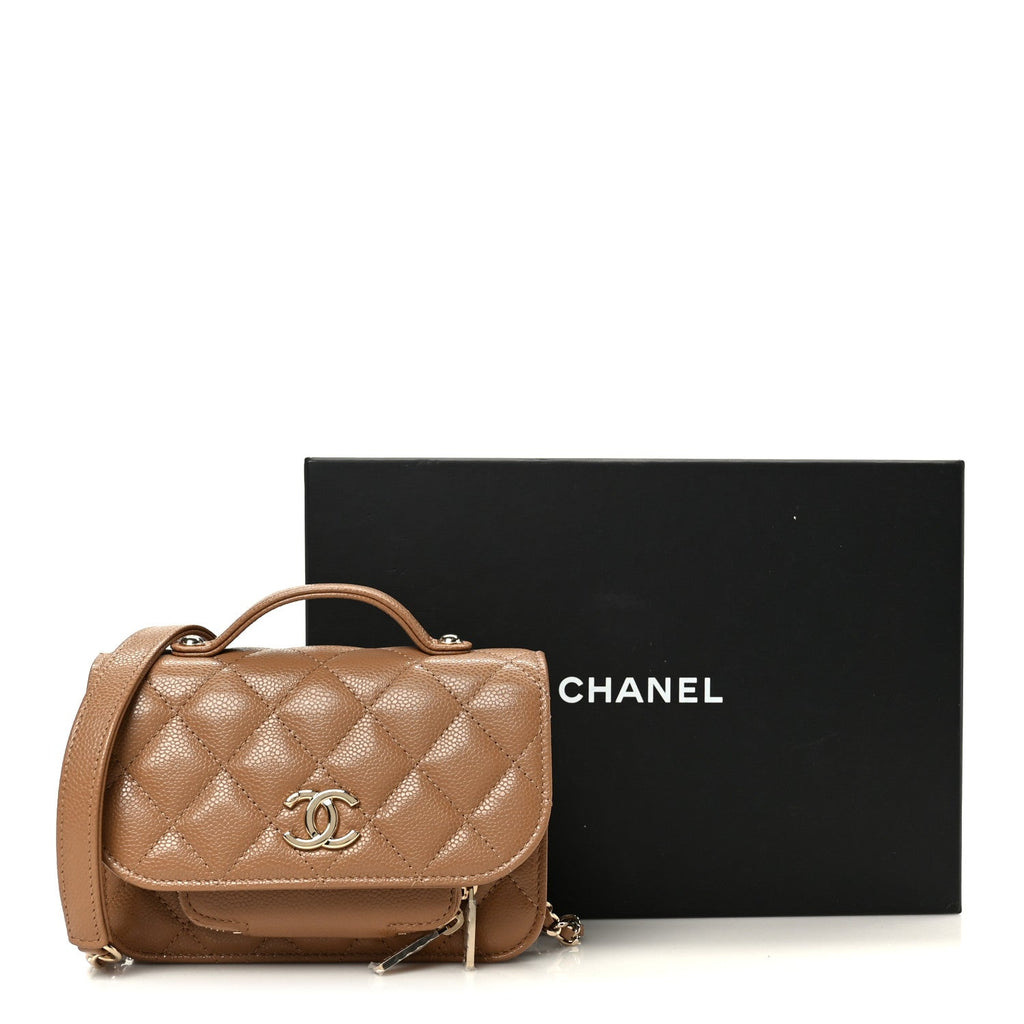 Caviar Quilted Business Affinity Clutch With Chain Flap Camel